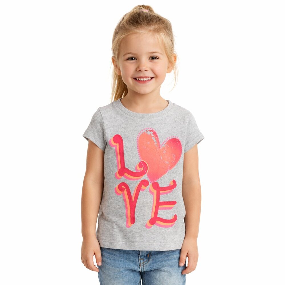 Circo Love Heart Graphic Short Sleeve Tee Heathered Gray Red Pink XS 4-5